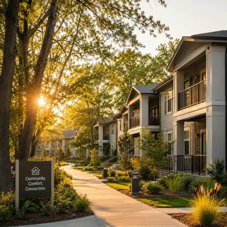Warm evening light across homes and tree-lined streets, representing the residential communities and housing portfolios this work supports.