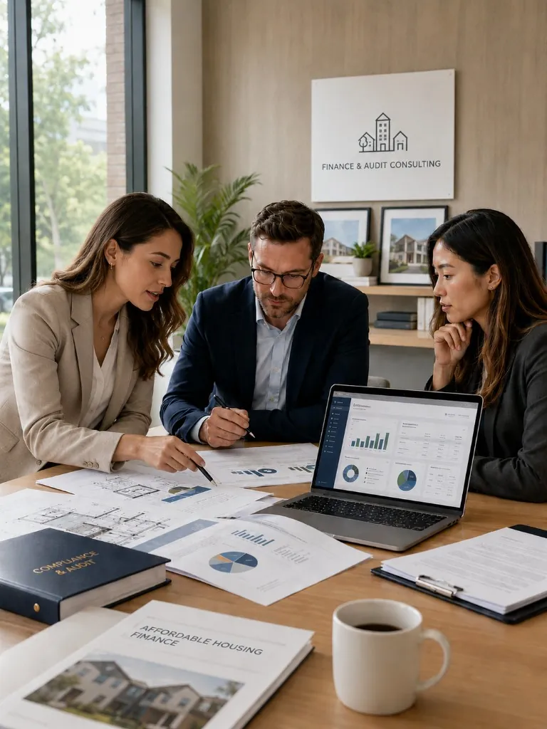 Three finance and audit consultants reviewing affordable housing finance reports, floor plans, and a data dashboard together at a conference table, with compliance and audit materials visible; illustrating the partnership and specialized focus organizations gain when they engage dedicated audit readiness and housing finance expertise.
