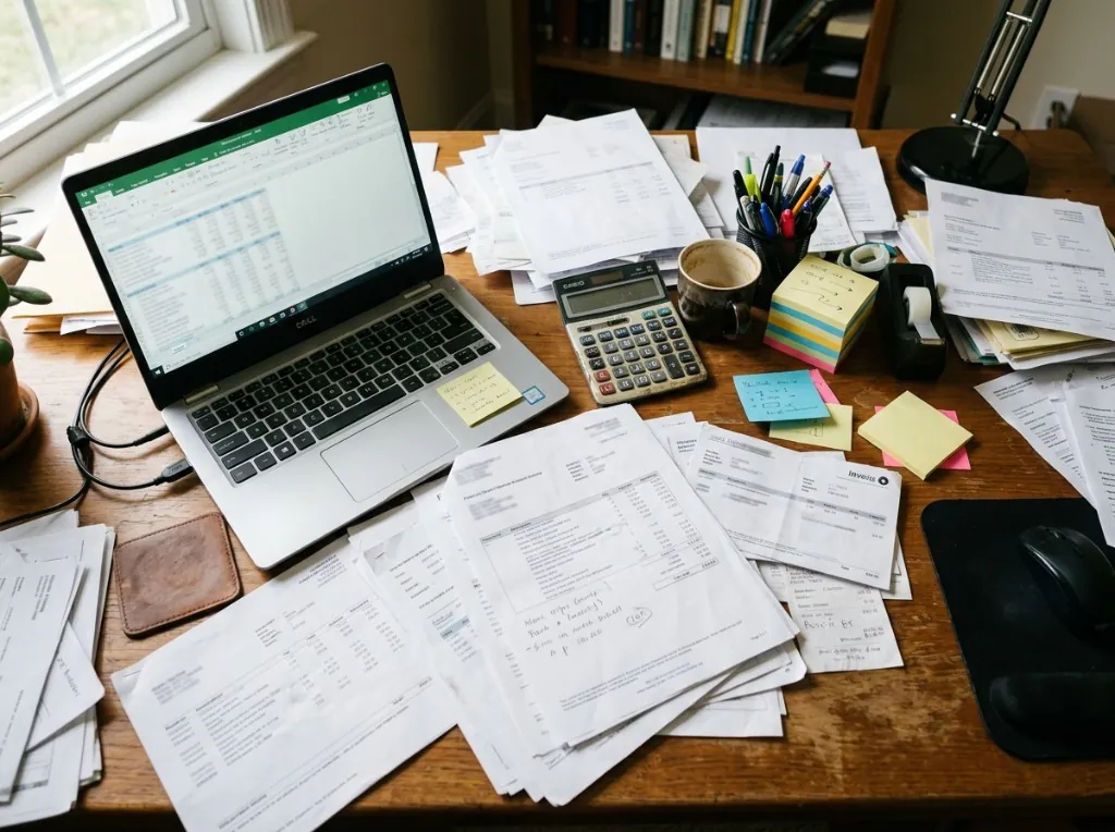 Desk with financial documents, laptop, and calculator representing hands-on accounting review work.