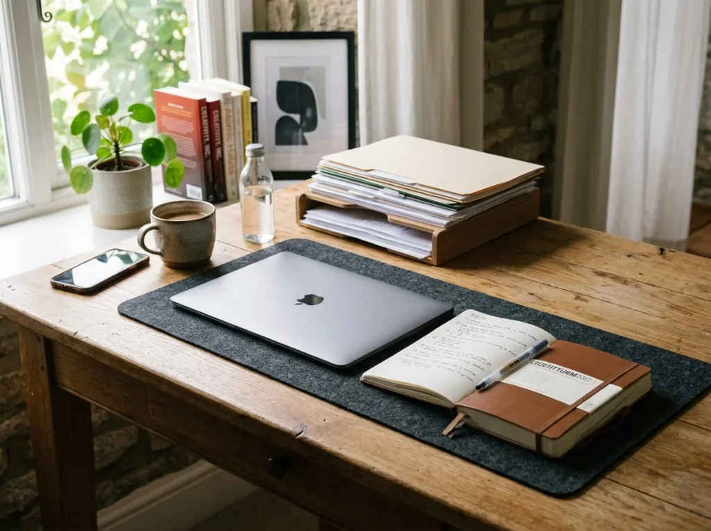 Neat desk with closed laptop and organized files representing a calm baseline finance workspace.
